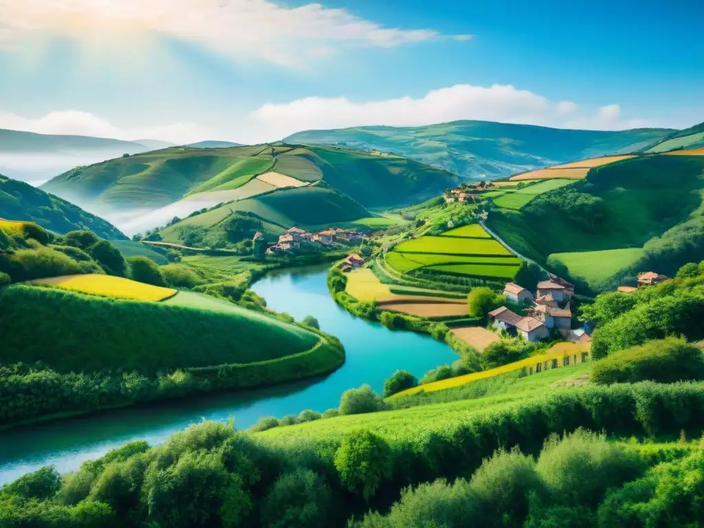 Idílico paisaje vasco en acuarela: inspiración para escribir en euskera Paisaje tranquilo en acuarela del País Vasco, con casas tradicionales entre colinas verdes y un río sereno