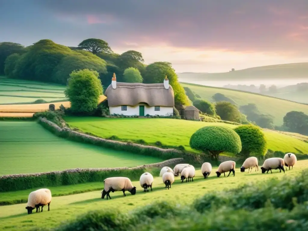 Paisaje tranquilo de campo inglés antiguo con cabaña de paja, ovejas y cielo pastel