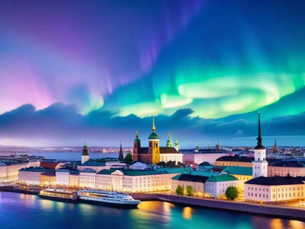 Paisaje urbano de Helsinki en acuarela con Auroras Boreales, reflejando la vida cotidiana finlandesa