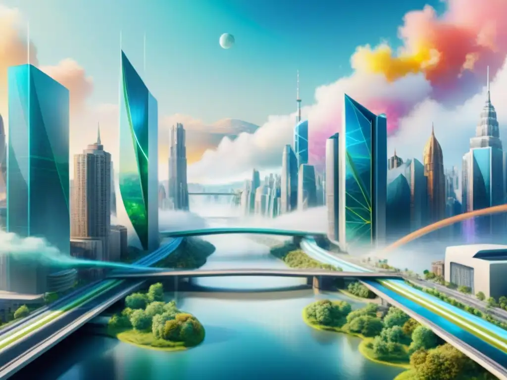 Un paisaje urbano futurista donde lenguajes de programación y estructuras lingüísticas se entrelazan en armonía con ríos fluidos