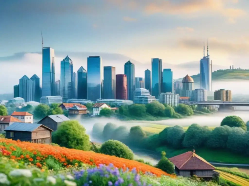 Contraste urbano-rural: Ciudad moderna y campo sereno Paisaje urbano y rural unidos por río, destaca impacto urbanización dialectos regionales
