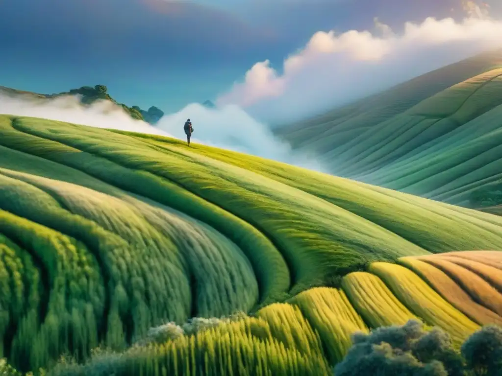 Un paisaje vasto y ventoso donde grupos hablan en distintos dialectos, con viento y palabras en el cielo