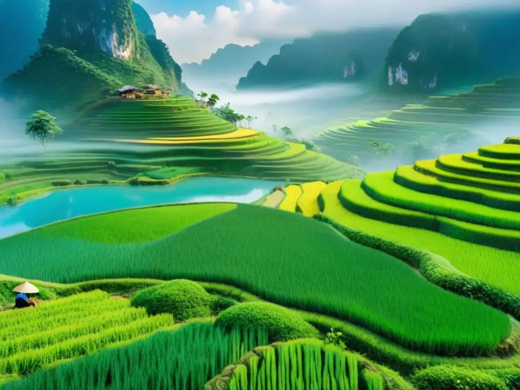 Paisaje vietnamita de arrozales verdes y campesinos bajo un cielo azul