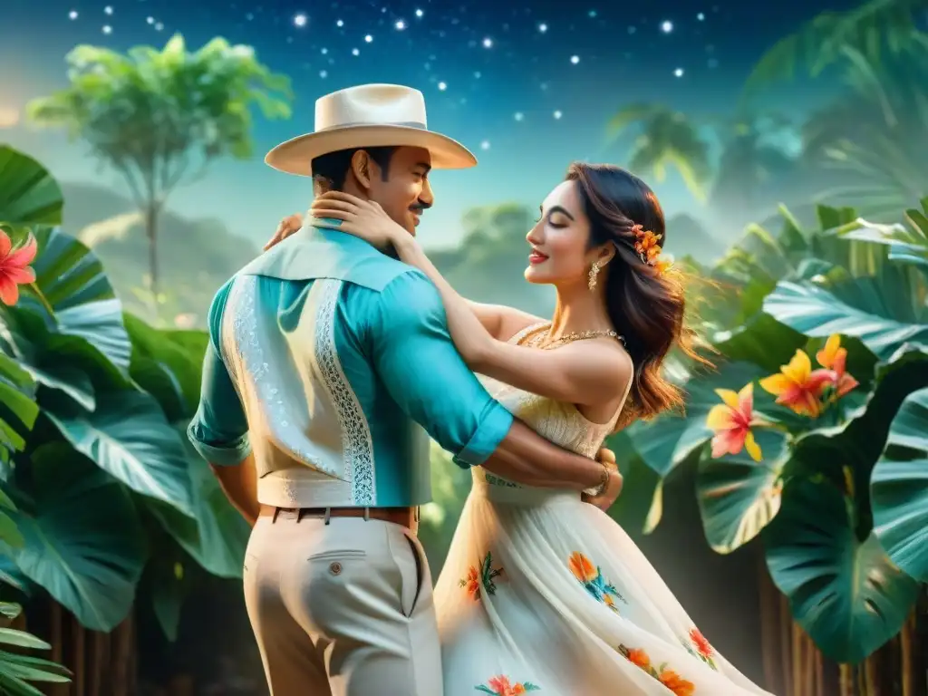 Una pareja apasionada bailando bolero bajo el cielo estrellado, rodeados de flores tropicales