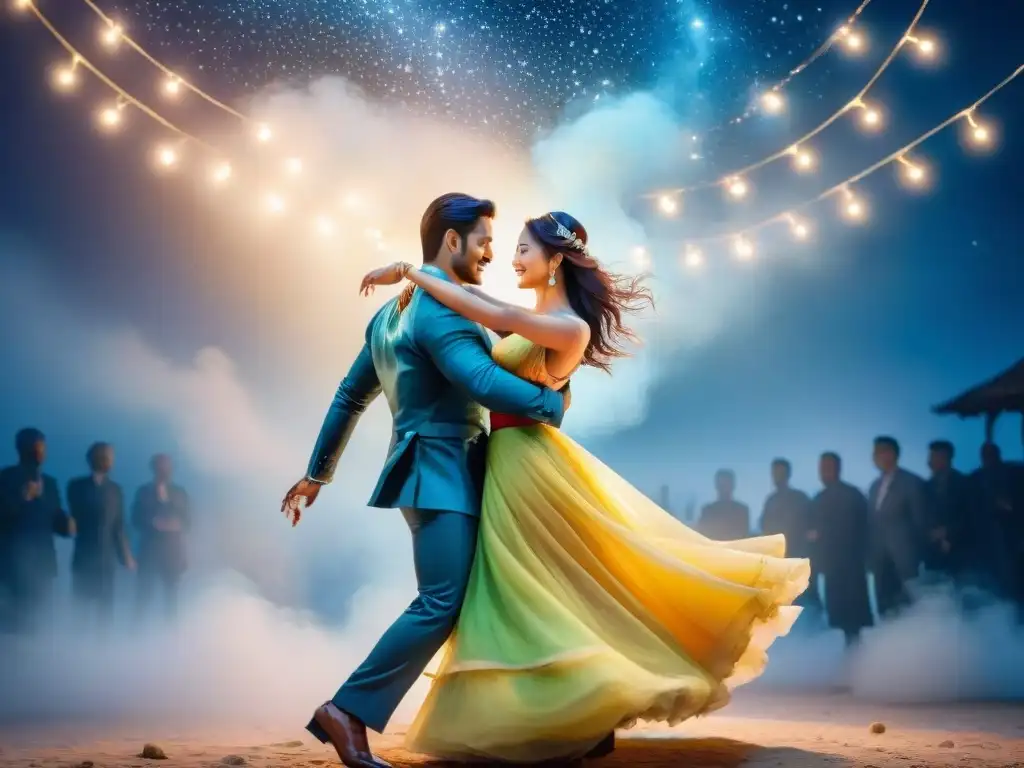 Una pareja multilingüe baila bajo un cielo estrellado, rodeada de notas musicales en distintos idiomas