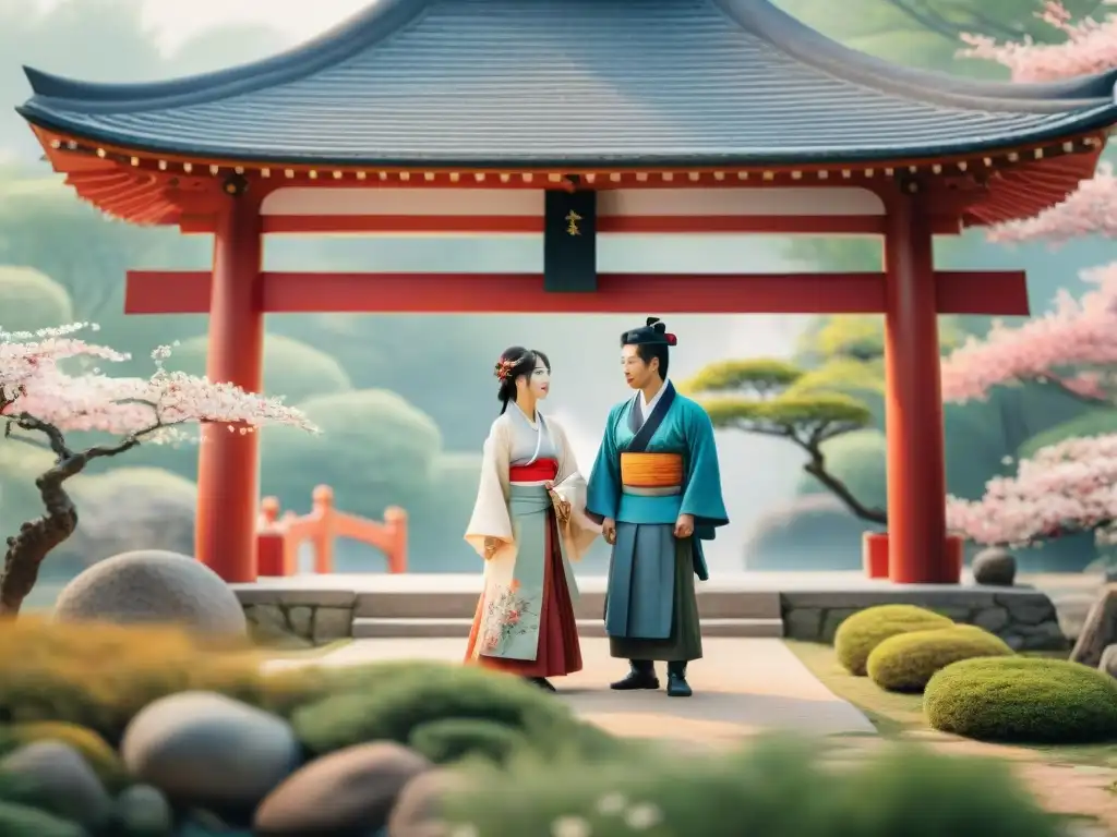 Ilustración acuarela de jardín japonés con pareja en hanbok bajo pagoda, rodeados de caligrafía, historia préstamos lingüísticos japonés coreano