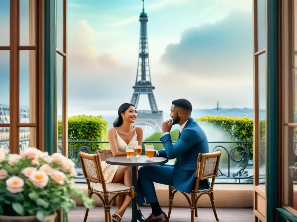 Pareja en café parisino, expresiones románticas significado cultural, amor y la Torre Eiffel al fondo