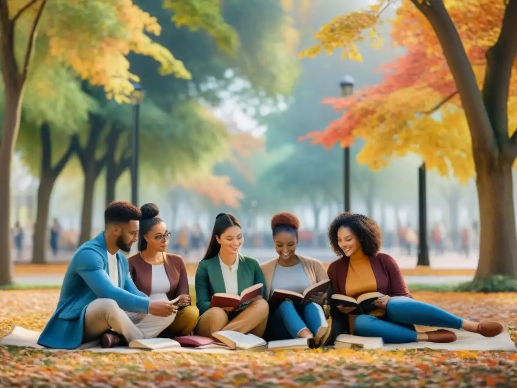 Un parque soleado con personas de diferentes culturas leyendo libros en dialectos renacientes global, entre hojas de otoño