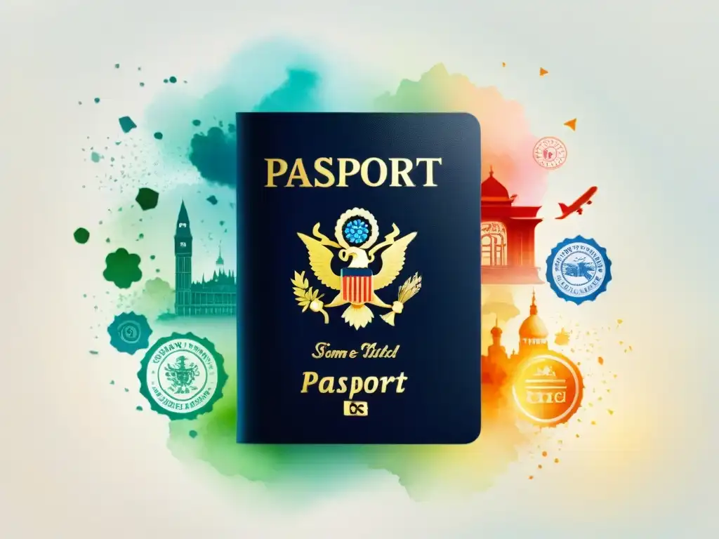 Un pasaporte colorido con sellos de diferentes países, reflejando la diversidad de experiencias de inmersión lingüística