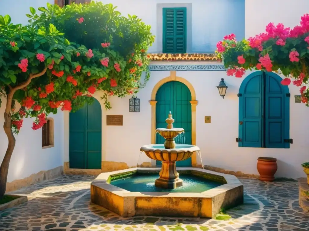 Un patio portugués sereno con buganvilias en flor, azulejos coloridos y una fuente, evocando la belleza de la arquitectura portuguesa