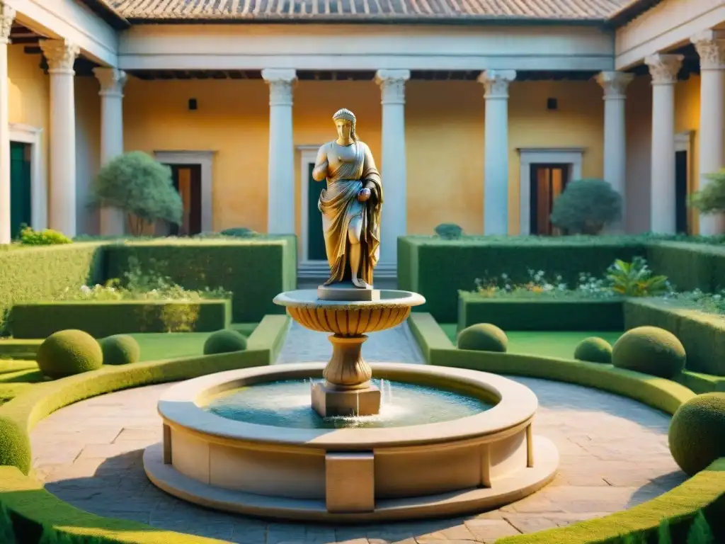 Un patio romano antiguo con estatuas de mármol, vegetación exuberante y una fuente al atardecer