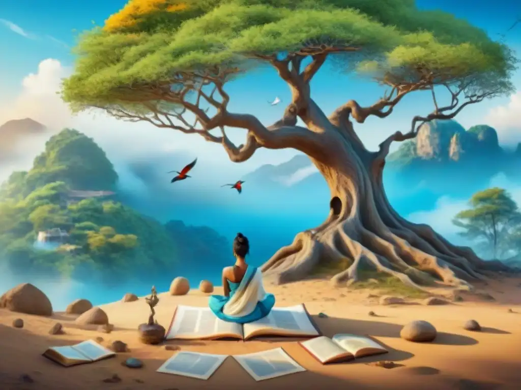 Persona meditando bajo un árbol Bodhi, rodeada de manuscritos sánscritos y aves coloridas en un paisaje sereno