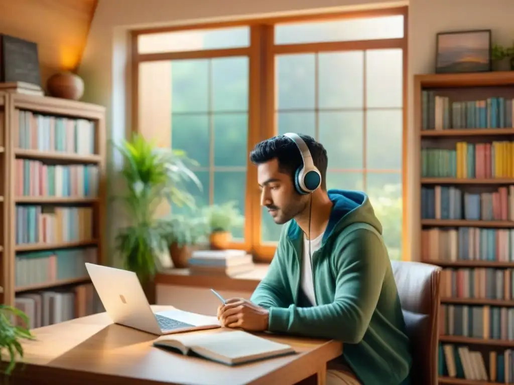 Persona escuchando audiolibros de idiomas en un acogedor cuarto soleado con vista a un jardín exuberante