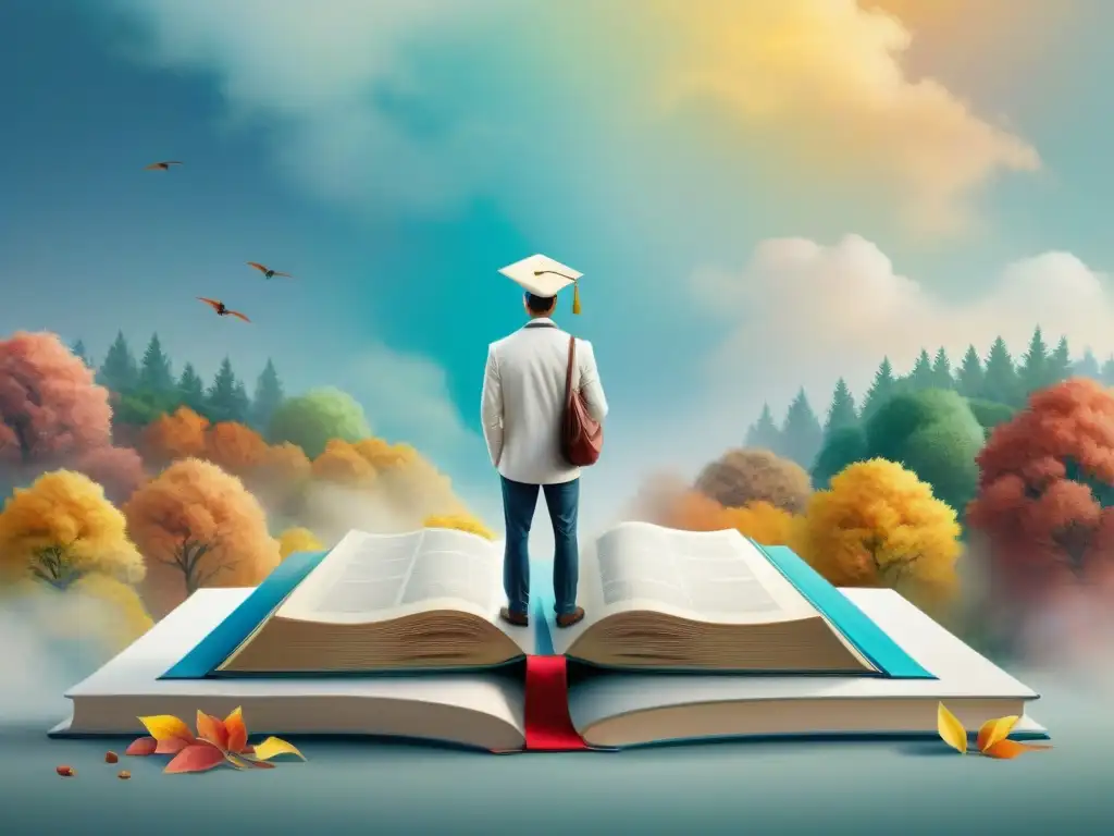 Persona en encrucijada entre libros gigantes y birrete de graduación, hojas de otoño cayendo