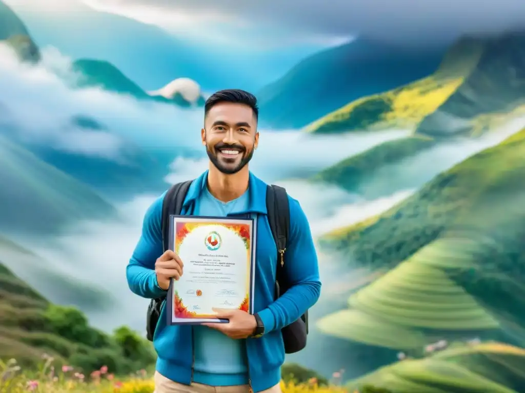 Persona feliz en la cima de una montaña con certificación lingüística, rodeada de libros y globo terráqueo