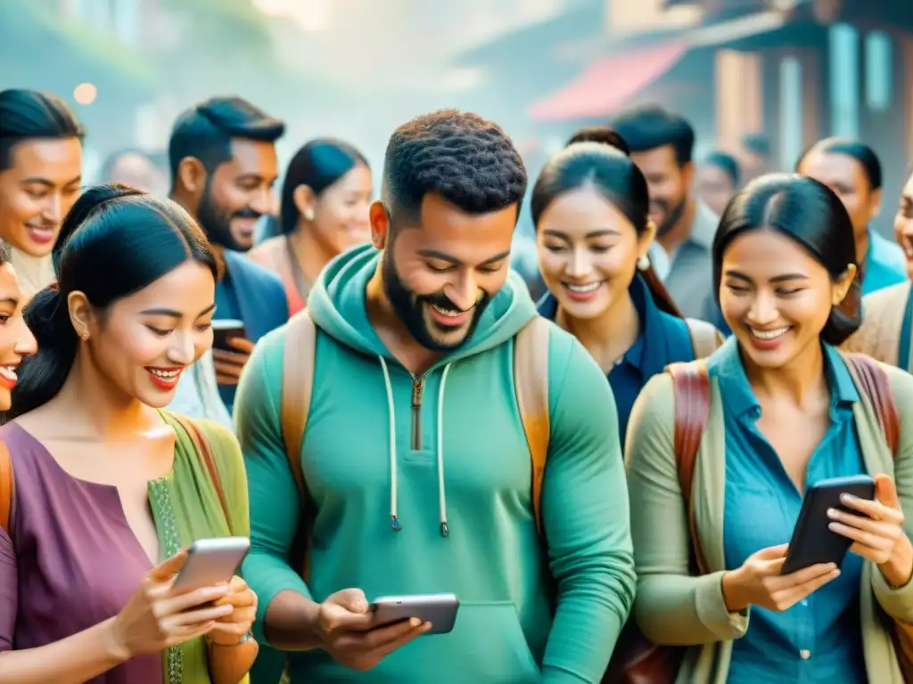Revitalización de idiomas: diversidad cultural en apps innovadoras Ilustración acuarela: Personas de diversas culturas usan apps de revitalización lenguas en móviles