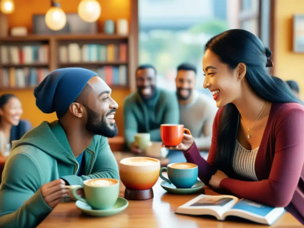 Personas de diferentes culturas conversan animadamente en un café acogedor, rodeadas de libros y aplicaciones para diversidad lingüística