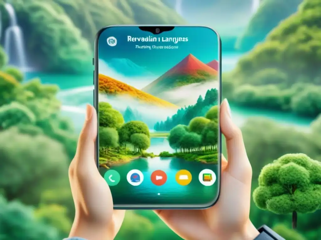 Revitalización de idiomas: diversidad y tecnología móvil Ilustración acuarela de personas diversas usando apps de revitalización lenguas en móviles