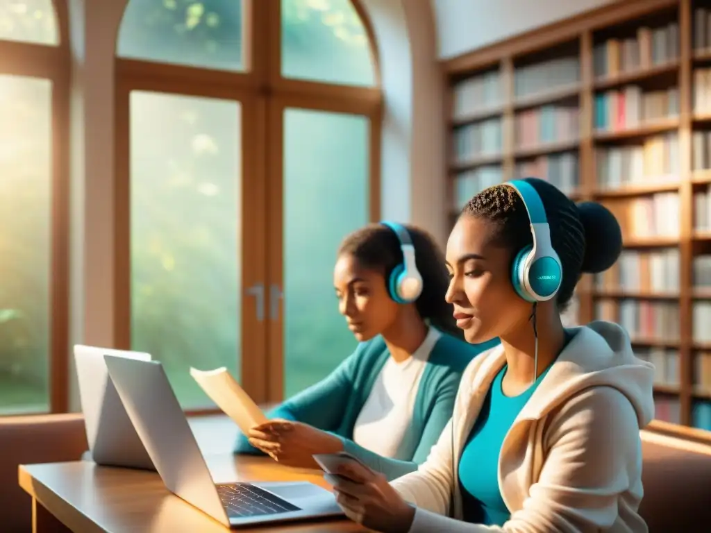 Personas diversas inmersas en el aprendizaje autodidacta de idiomas en una biblioteca vibrante