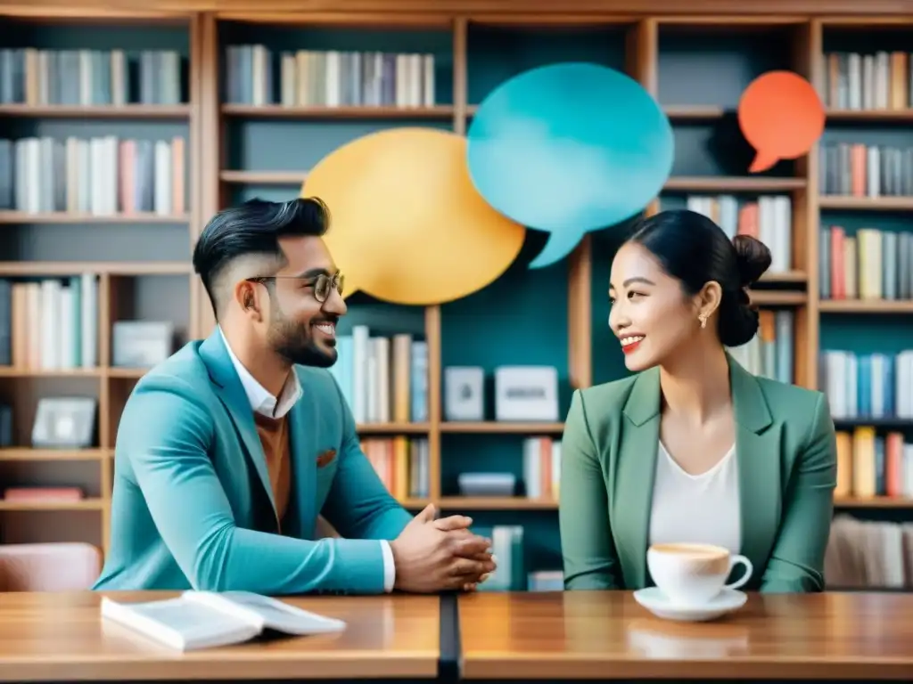 Dos personas conversan fluidamente en dos idiomas en una acogedora cafetería, con burbujas de diálogo coloridas