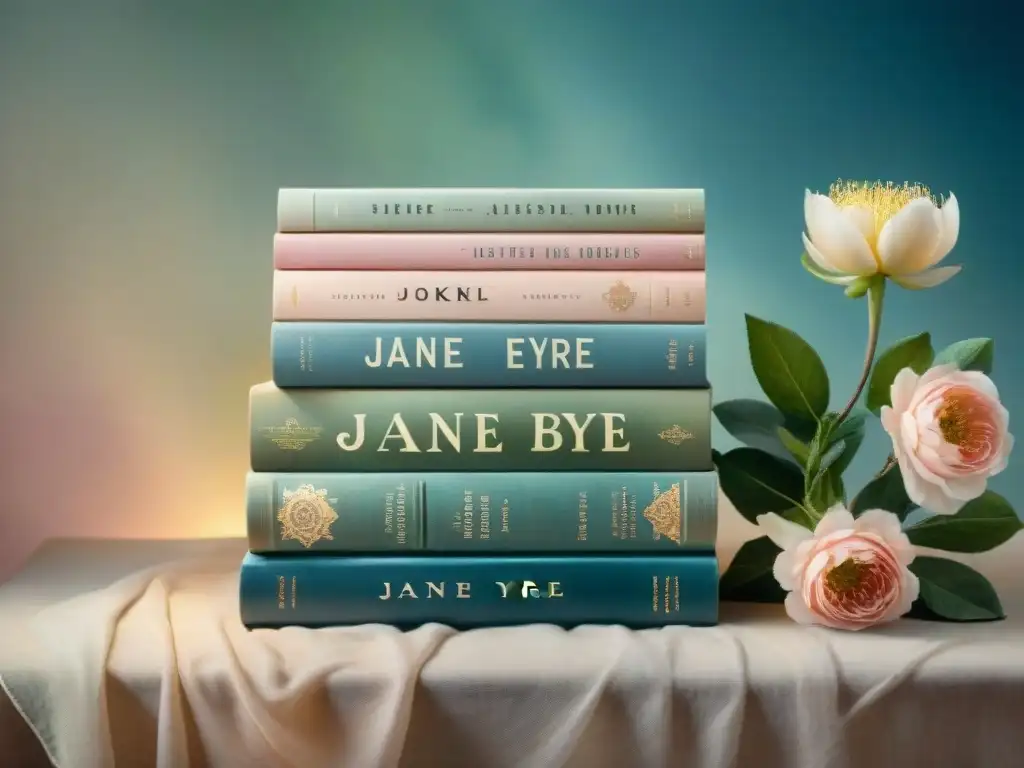 Pila de libros vintage con 'Jane Eyre' en el lomo, rodeados de motivos florales en acuarela pastel