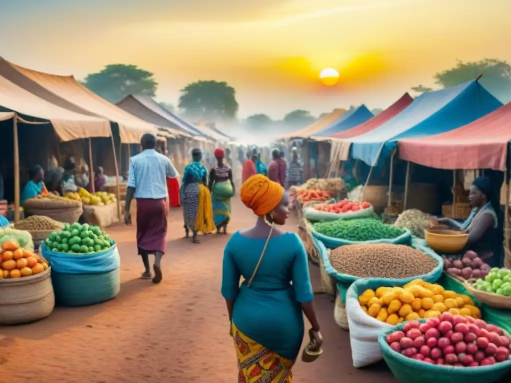 Un pintoresco mercado africano concurrido lleno de vida y color, donde se venden textiles, cerámica y alimentos frescos