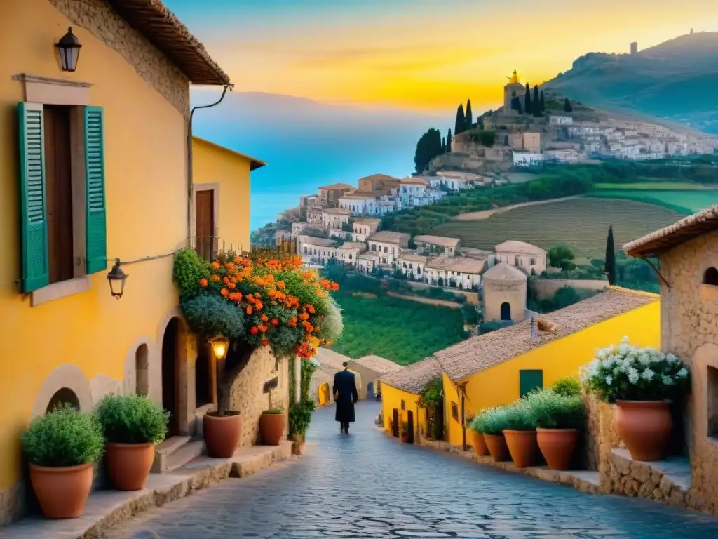 Un pintoresco pueblo siciliano en acuarela con colores vibrantes al atardecer, inspirando poesía dialectal siciliana