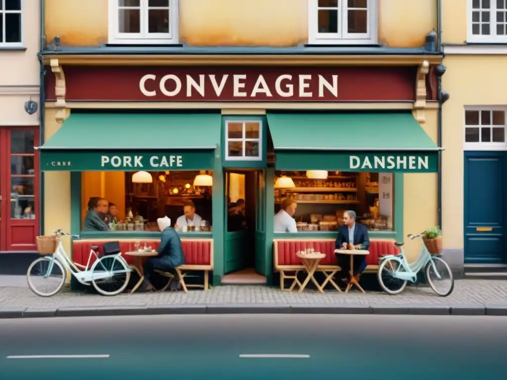 Pintura acuarela de un acogedor café en Copenhague, Dinamarca, con conversación en danés como local