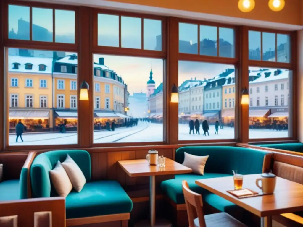 Pintura acuarela de un acogedor café en Helsinki