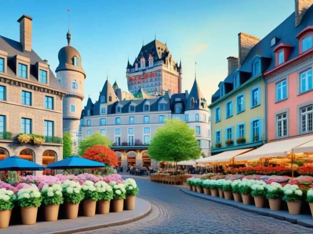 Pintura acuarela de una acogedora calle empedrada en Quebec con cafés y flores coloridas, mostrando el majestuoso Château Frontenac