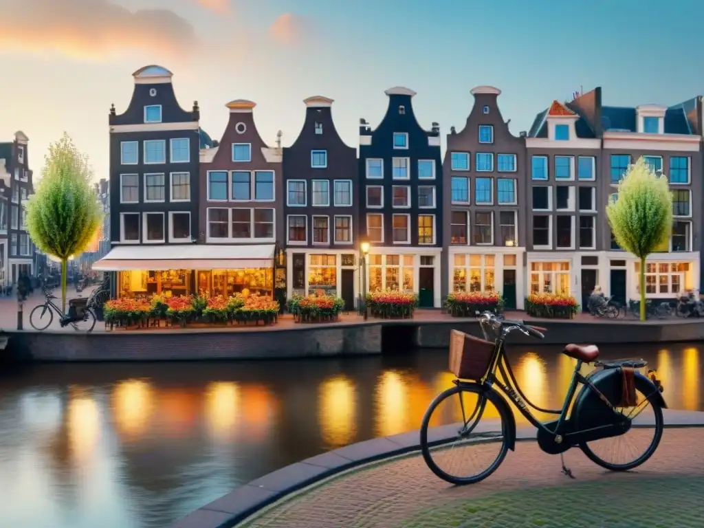 Pintura de acuarela de un acogedor café en Ámsterdam con edificios tradicionales, tulipanes y bicicletas