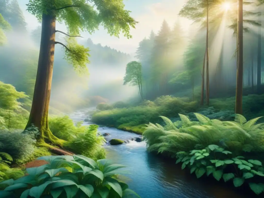 Bosque sereno: acuarela de naturaleza vibrante y calmante Pintura en acuarela de un bosque exuberante bañado por una suave luz dorada