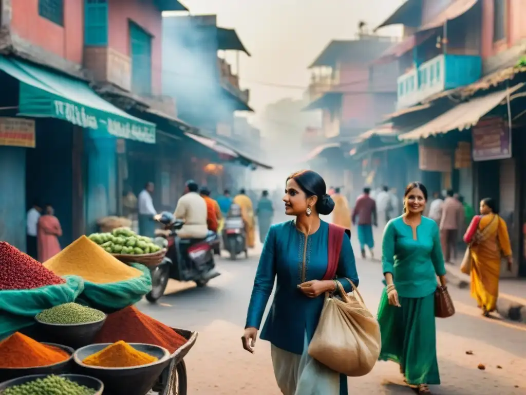 Pintura acuarela de calle bulliciosa en Nueva Delhi, con colores vibrantes y vida cultural