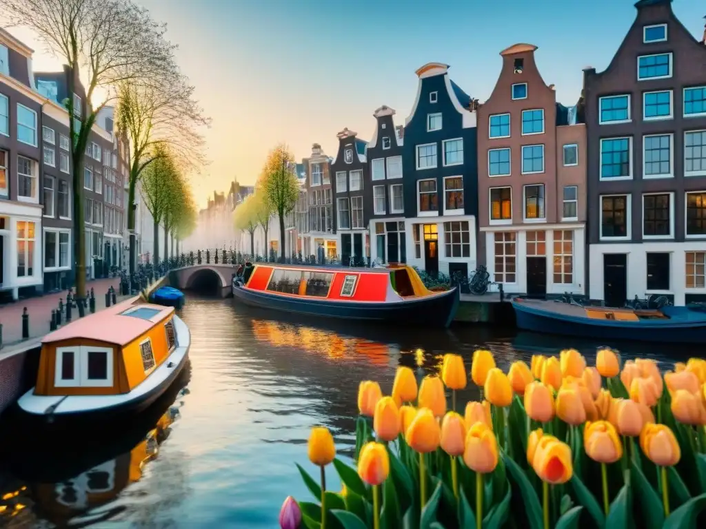 Pintura acuarela de los canales de Ámsterdam al anochecer, con casas estrechas y jardines de tulipanes