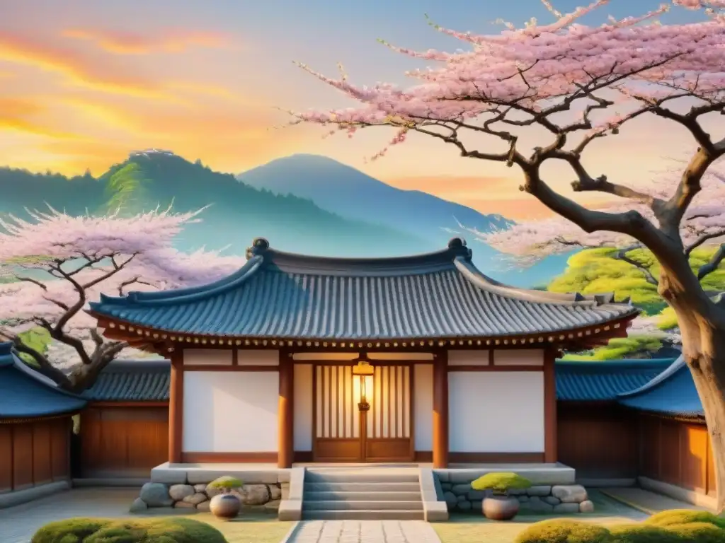 Una pintura de acuarela muestra una casa tradicional coreana rodeada de árboles de cerezos y una pagoda japonesa al atardecer