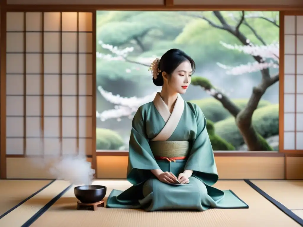 Pintura acuarela de ceremonia del té japonesa en tatami