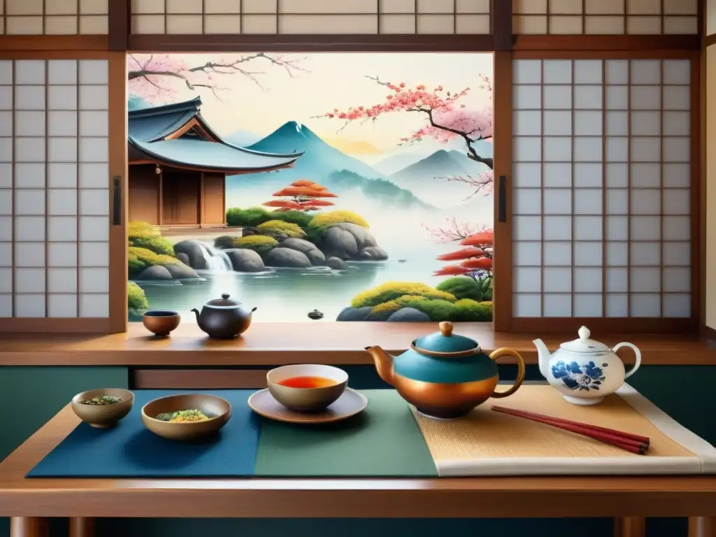 Rituales culinarios japoneses y coreanos: una obra de arte acuarela Pintura acuarela detalla ceremonia té japonesa y preparación comida coreana, resaltando Importancia del lenguaje en cultura japonesa