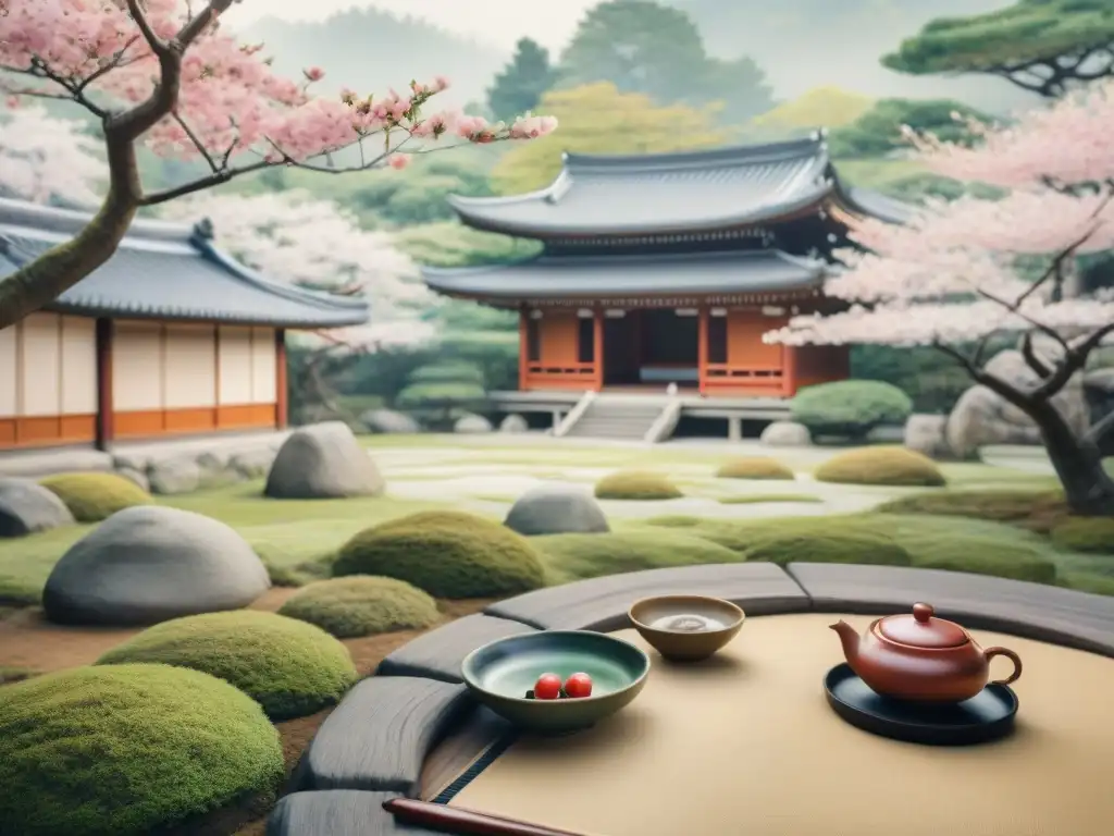 Pintura acuarela de ceremonia té japonesa en jardín con árboles de cerezo en flor y arquitectura coreana