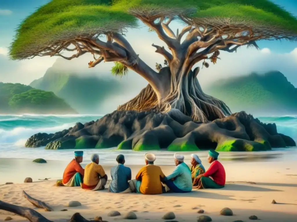 Una pintura acuarela detallada de ancianos Huave bajo un ceiba gigante, rodeados de olas y vida marina, transmitiendo tradición oral a niños