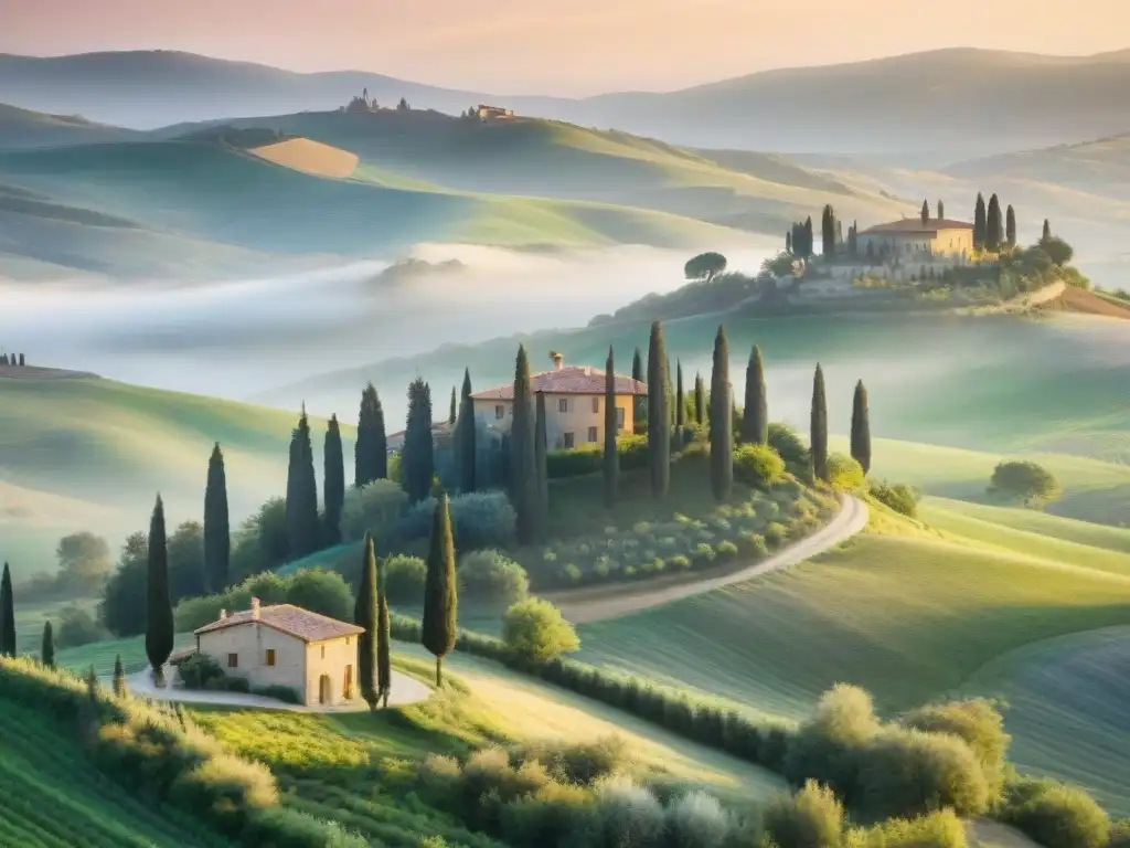 Una pintura acuarela detallada de un apacible paisaje toscano al amanecer