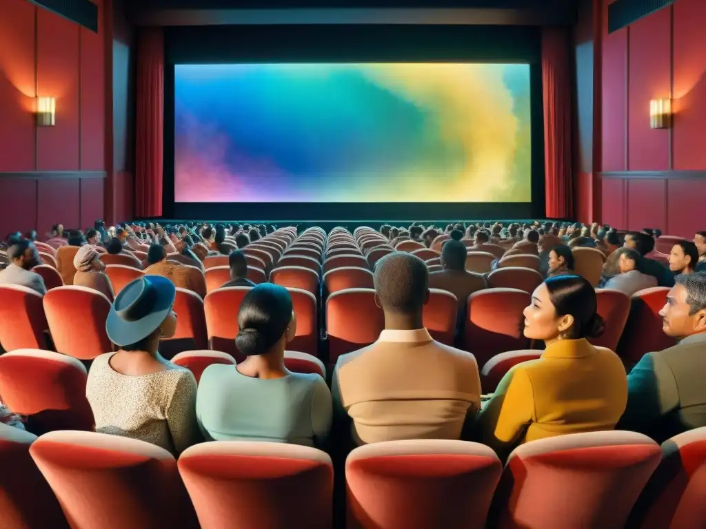 Una pintura acuarela detallada muestra una audiencia diversa disfrutando de una película cultural