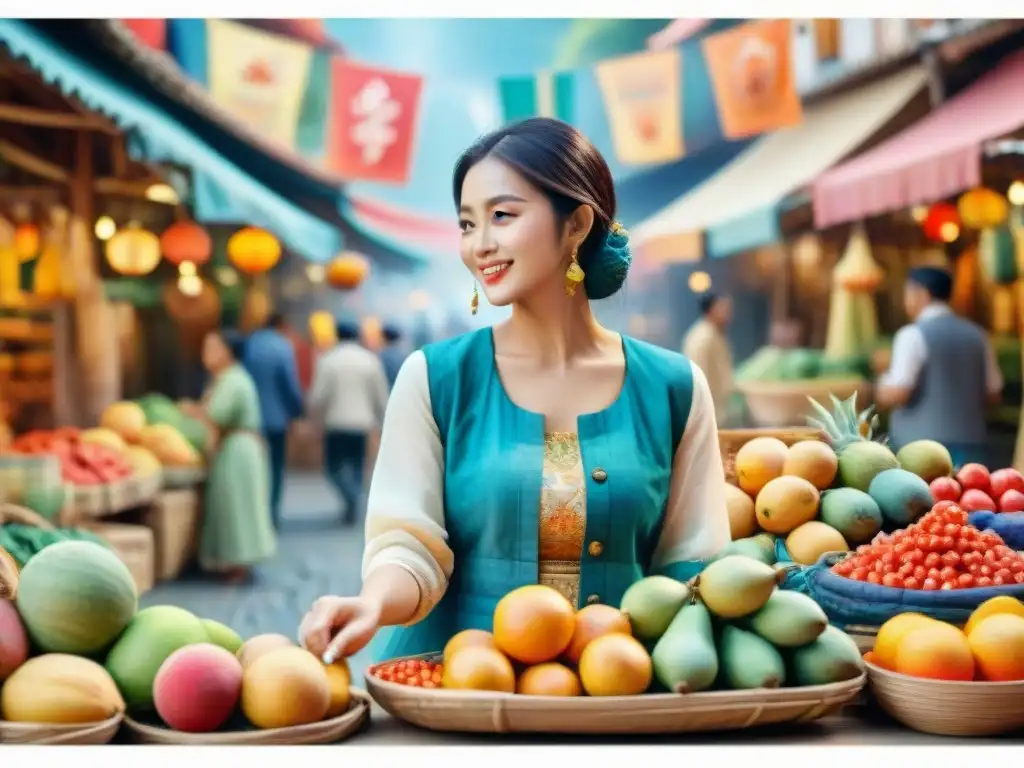 Una pintura acuarela detallada de un bullicioso mercado multicultural, con productos y mensajes publicitarios culturales