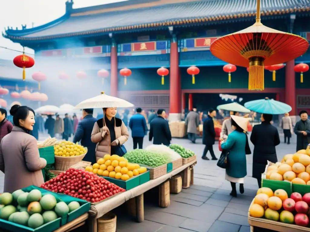 Una pintura acuarela detallada de un bullicioso mercado tradicional en Beijing, con vendedores, frutas vibrantes y la Gran Muralla al fondo