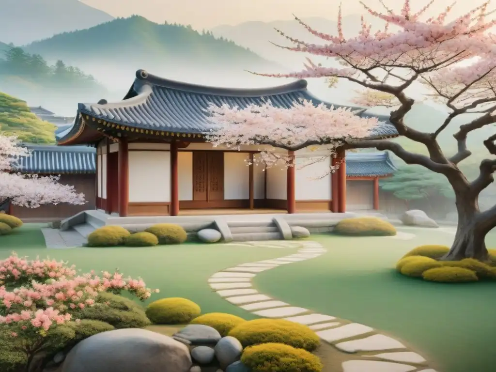 Pintura de acuarela detallada con casa Hanok en jardín tranquilo y árboles de cerezo en flor