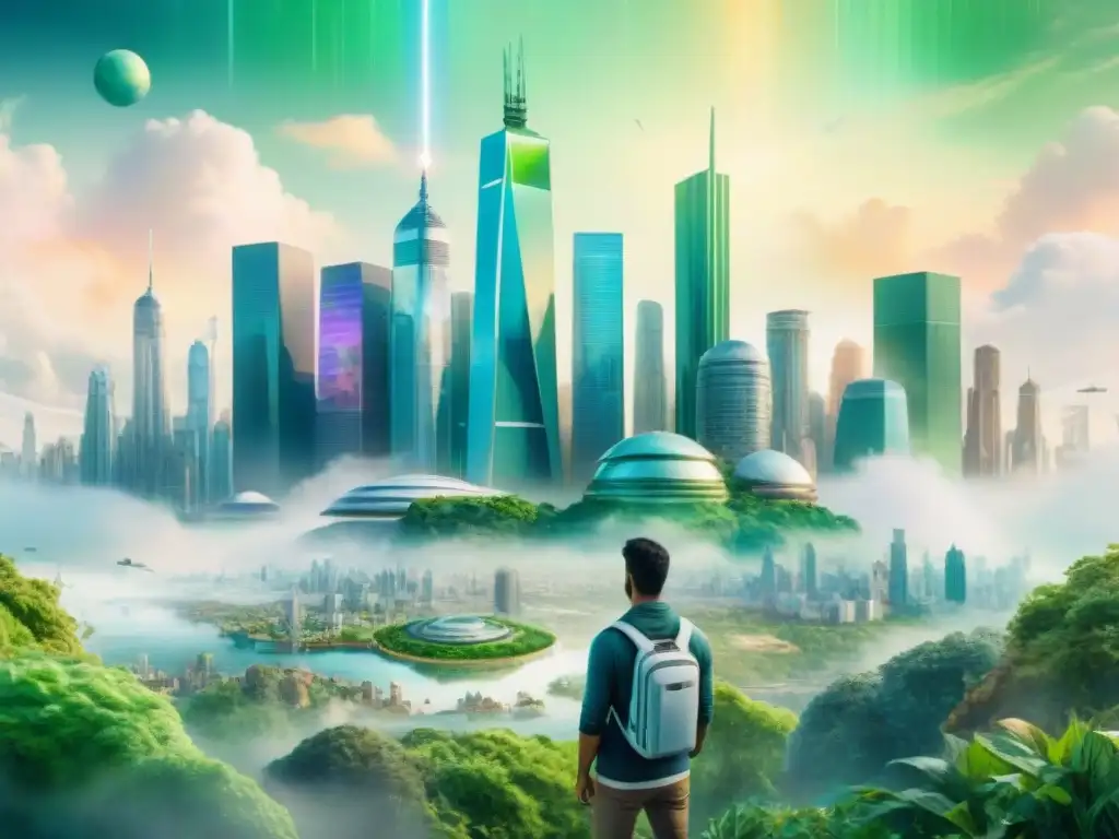 Una pintura de acuarela detallada de una ciudad futurista con rascacielos que se fusionan con paisajes verdes