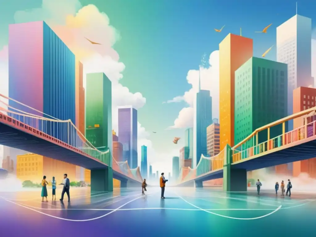 Una pintura acuarela detallada muestra una ciudad vibrante y diversa, donde cada edificio representa un lenguaje de programación