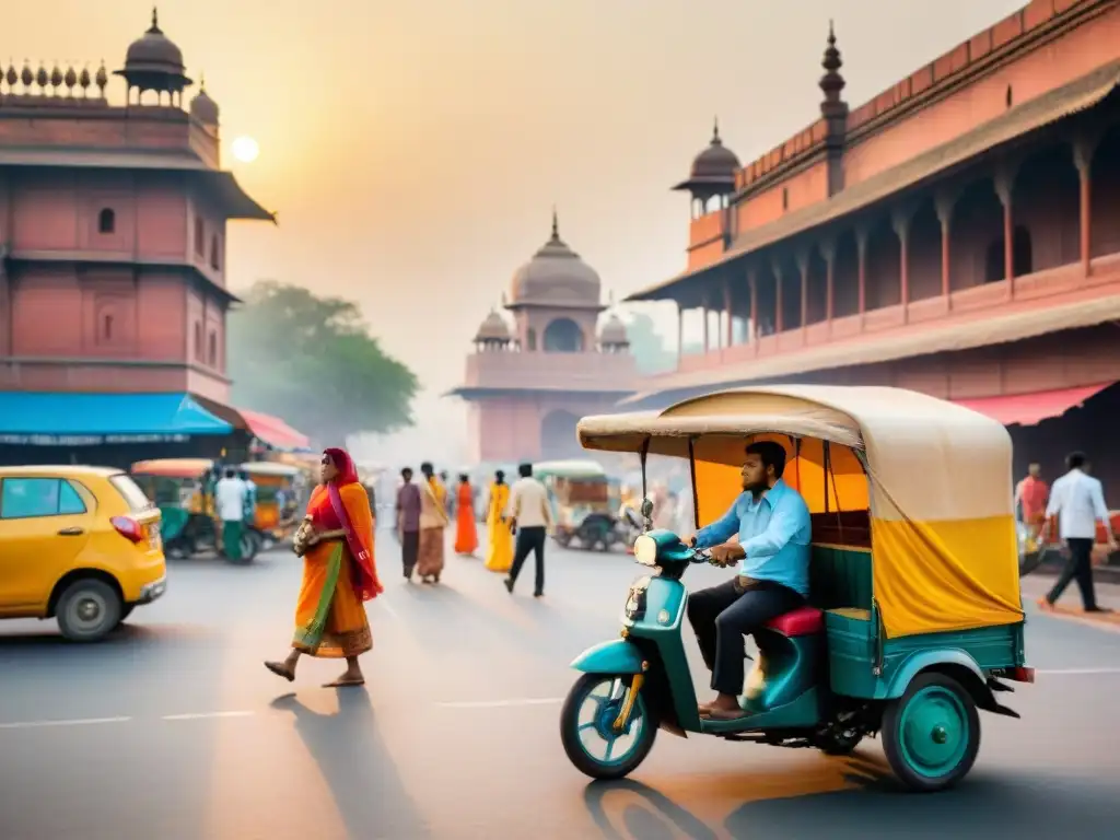 Una pintura acuarela detallada que captura la inmersión cultural hindi en Nueva Delhi, con sus vibrantes colores y bulliciosas calles