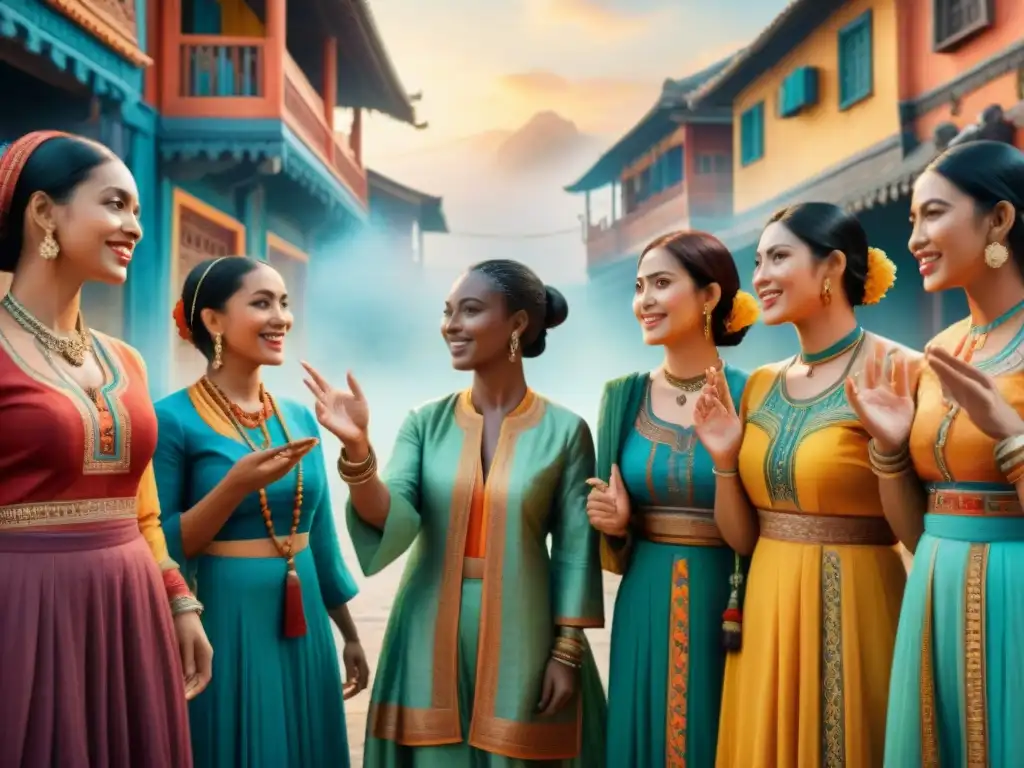 Una pintura acuarela detallada muestra la importancia de la comunicación no verbal cultural en un animado grupo multicultural