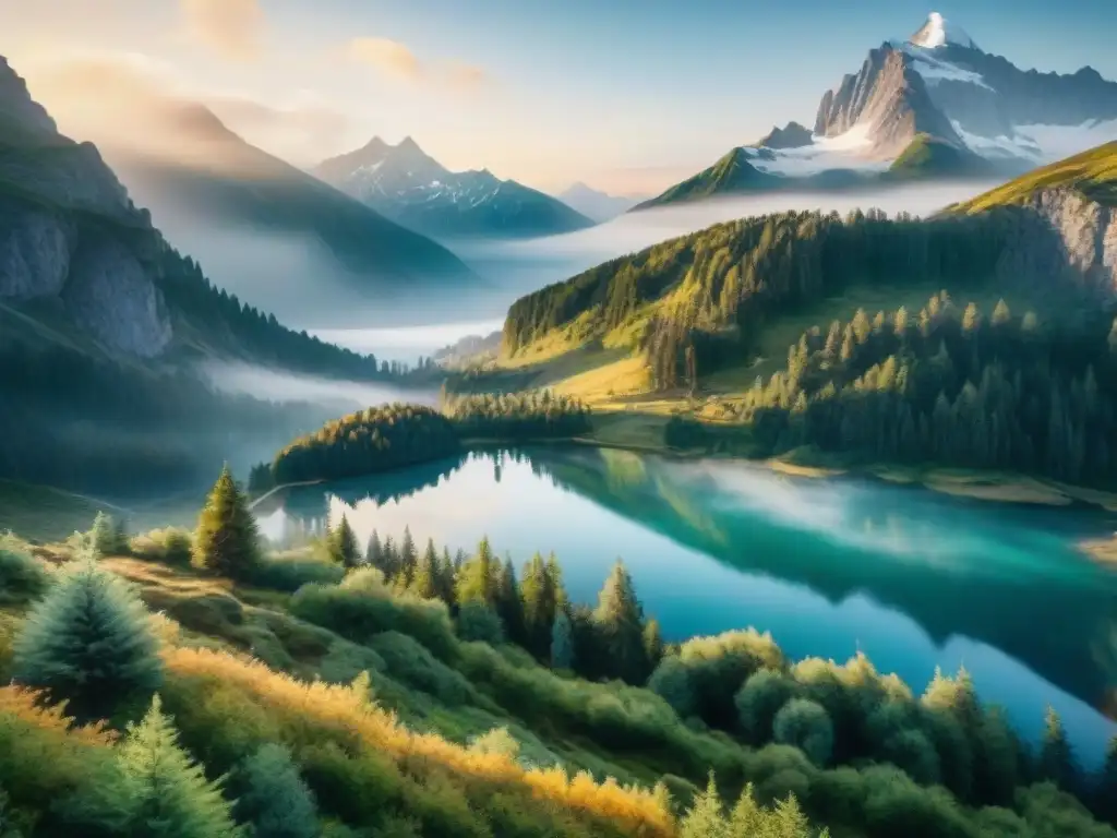 Una pintura acuarela detallada de un paisaje montañoso al amanecer, con picos nevados, un lago alpino y bosques de pinos