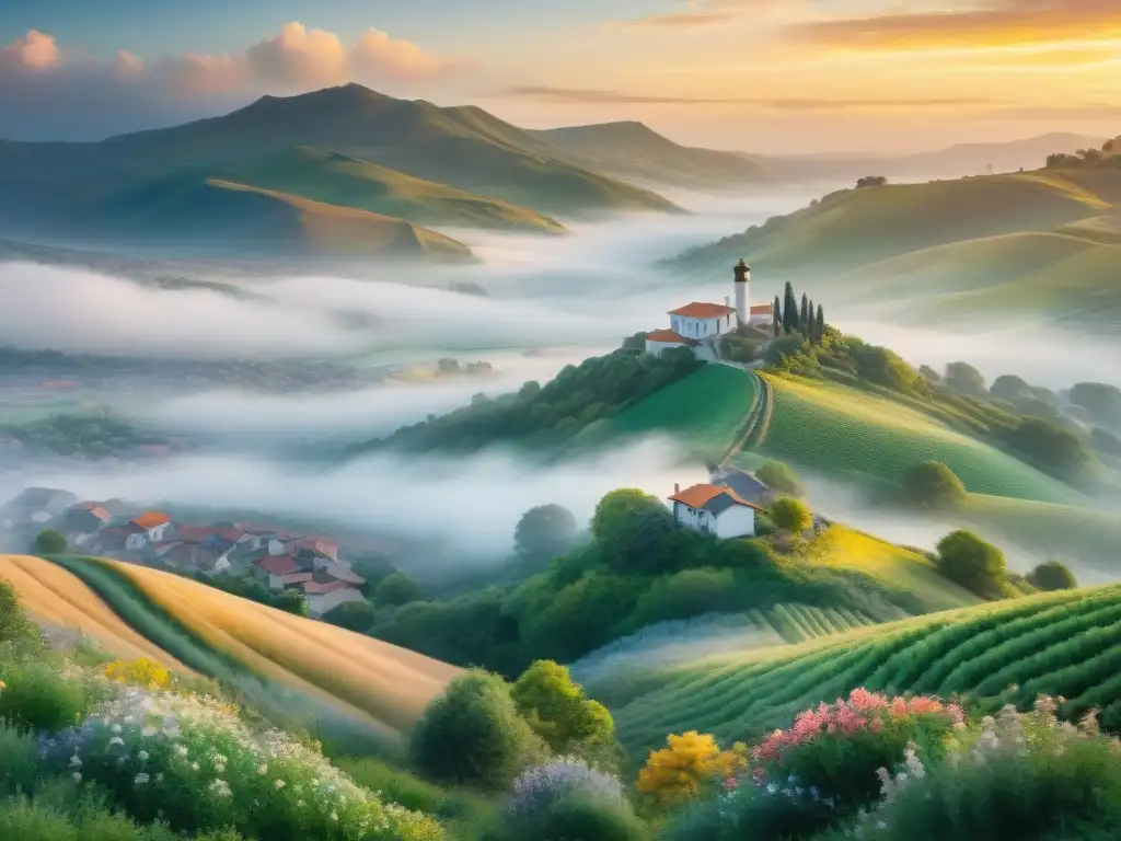 Una pintura acuarela detallada de dos paisajes fusionados: campo tranquilo y ciudad vibrante, simbolizando el bilingüismo y percepción del tiempo